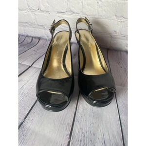 Antonio Melani Black Patent Leather Peep Toe Heels Womens Size 8